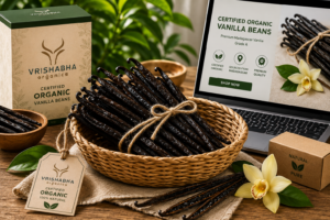 Certified organic Madagascar vanilla beans online in India with Vrishabha Organics premium packaging for baking and commercial use