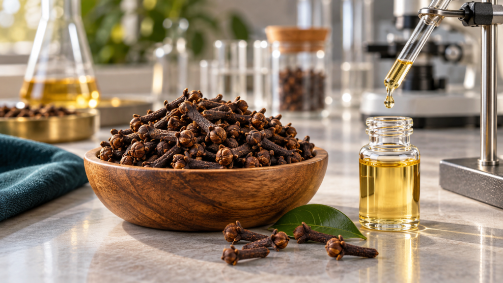 Whole cloves in a wooden bowl beside golden clove essential oil and laboratory testing equipment.