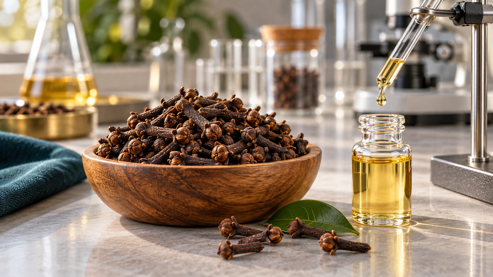 Eugenol in Cloves Clove Essential Oil Yield Whole cloves in a wooden bowl beside golden clove essential oil and laboratory testing equipment.