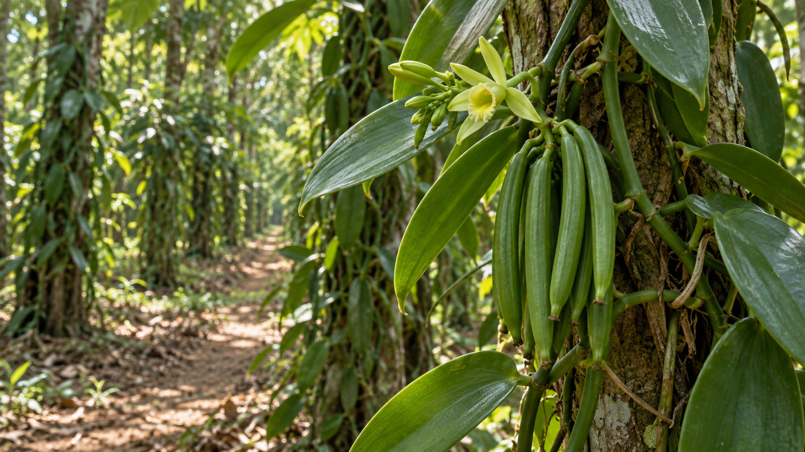 Madagascar Vanilla Farm From Flower to Bean Vanilla orchid flower and green vanilla pods growing on a shaded Madagascar vanilla farm.