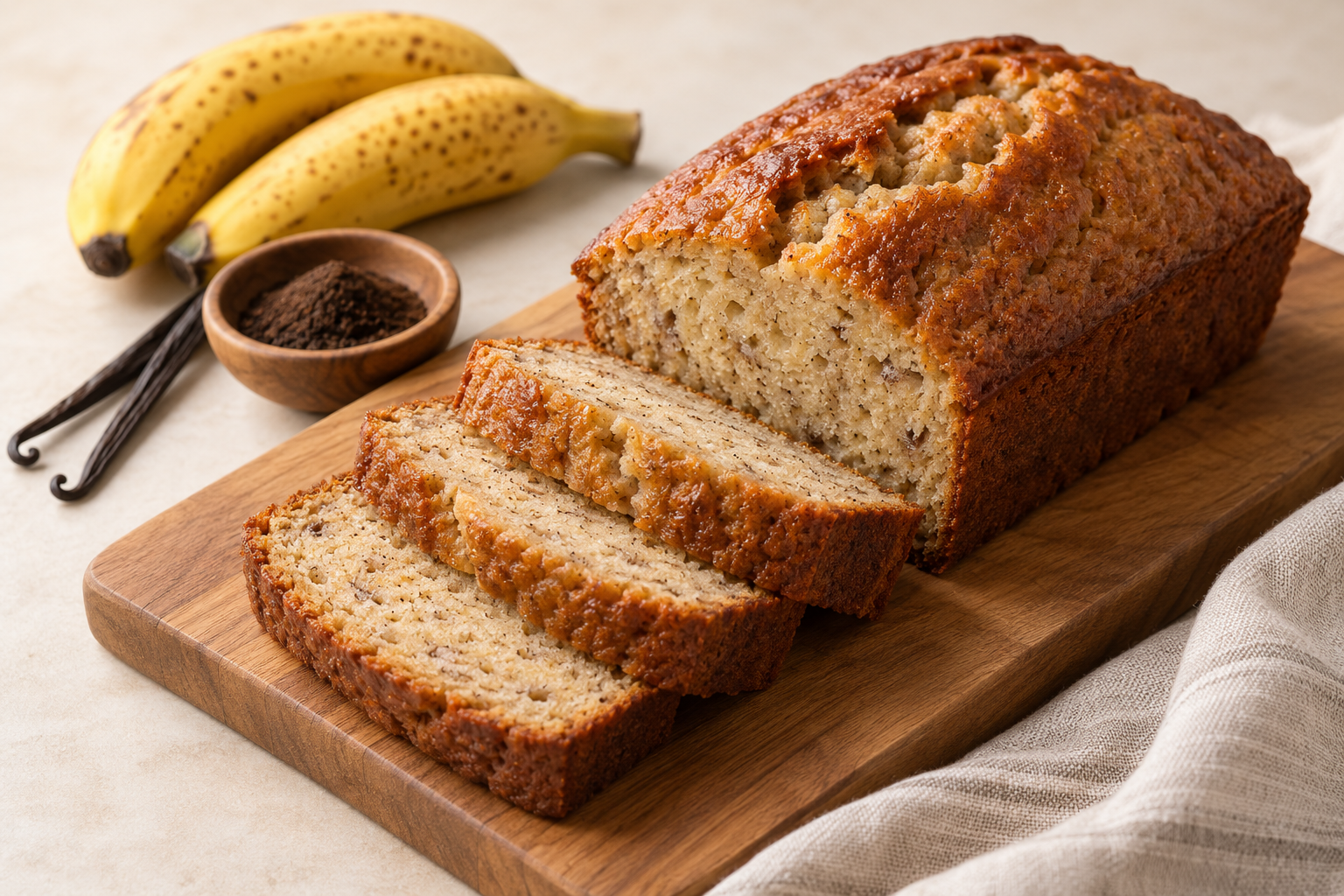 Vanilla-powder-banana-cake Sliced vanilla powder banana bread on a wooden board with ripe bananas, vanilla pods and a bowl of vanilla powder.