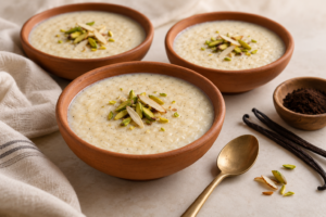 Vanilla phirni in earthen bowls garnished with pistachios and almonds, beside vanilla pods and powder.